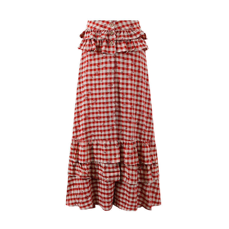 Sweet Ruffled Top Tiered A-Line Short Sleeve Maxi Skirt Trendy Red Gingham Two-Piece Set Long Dress AP6258