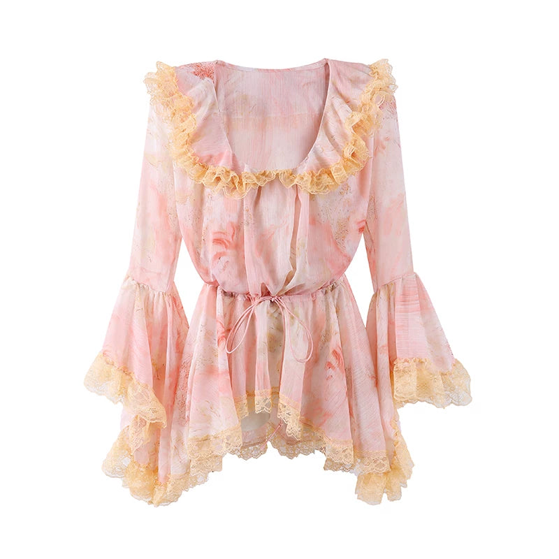 Cute Watercolor Print Bell Long Sleeve A-Line Mini Skirt Romantic Pink Yellow Lace Trim Self-Tie Waist Short Dress AP6259