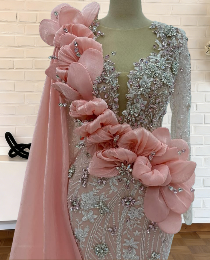 Dreamy Illusion Neck Pink Mermaid Evening Dress With Sash Beading Rhinestones Long Sleeve Prom Dress AP6262