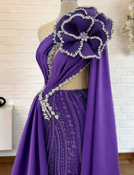 Ethereal Illusion Neck Purple Sheath Sweet 16th Dresses Handmade Flowers Crystals Beading Prom Dress AP6263