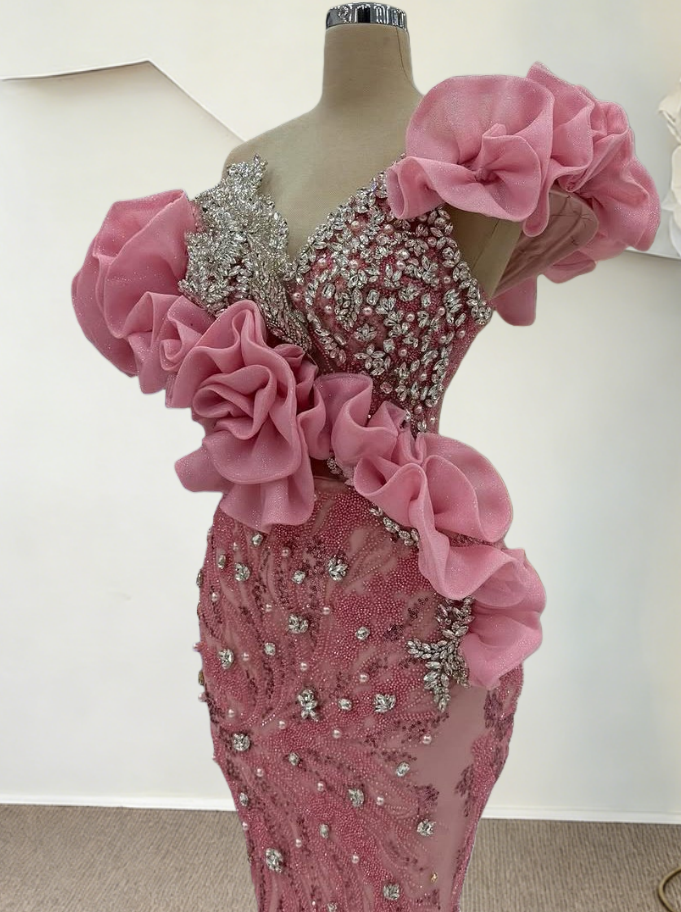 Sheen Off-Shoulder Pink Ruffles Mermaid Evening Dresses Beading Rhinestones Prom Dress AP6264
