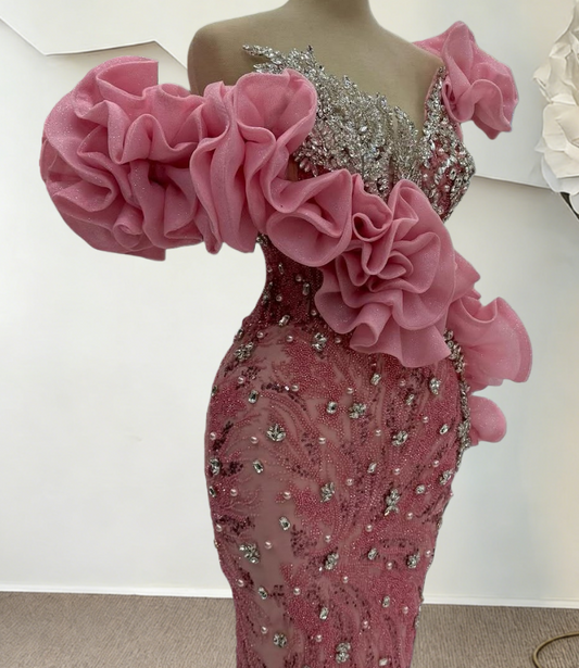 Sheen Off-Shoulder Pink Ruffles Mermaid Evening Dresses Beading Rhinestones Prom Dress AP6264