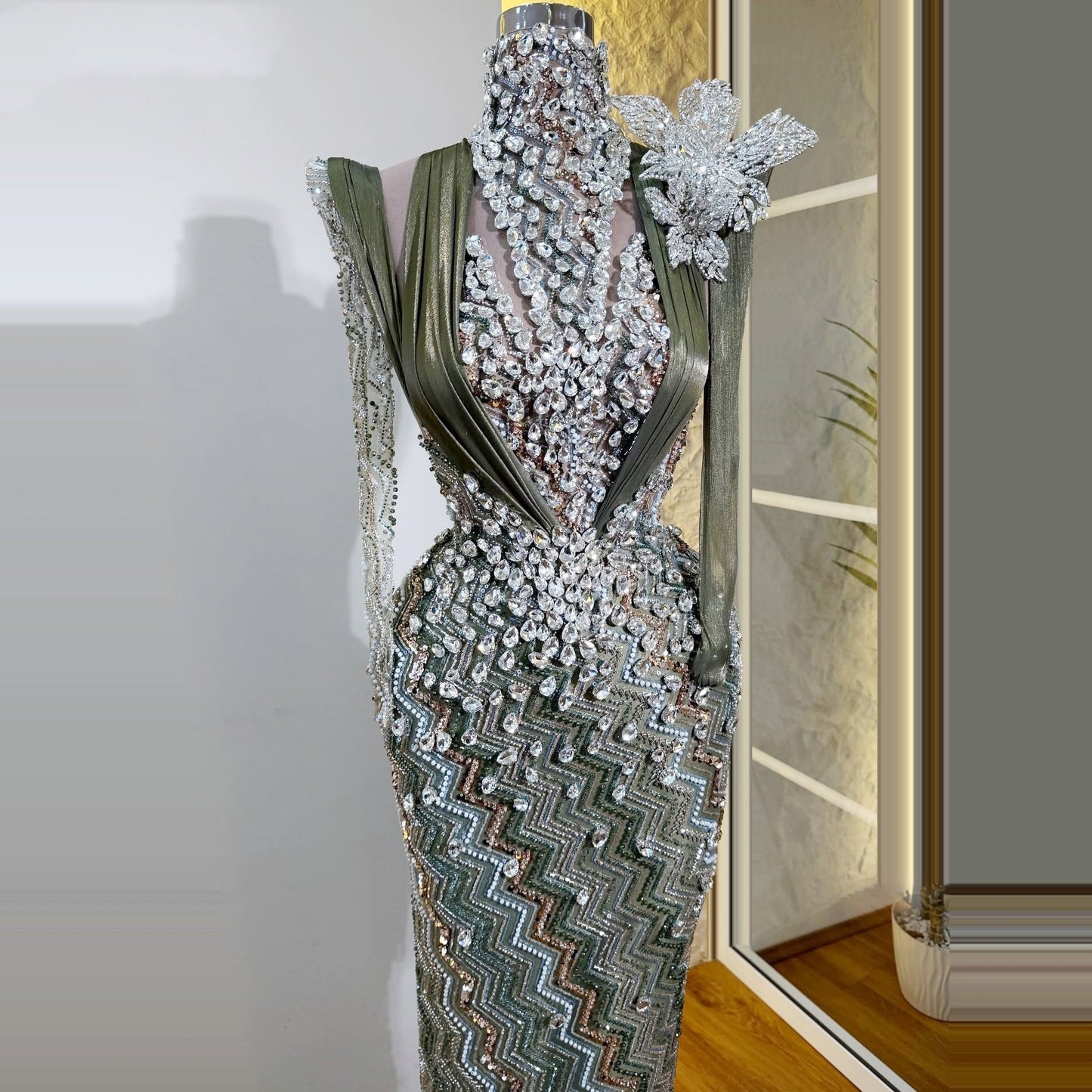Glamorous Sheath High Collar Evening Dress Sheer Long Sleeve Crystals Beading Prom Dress AP6268