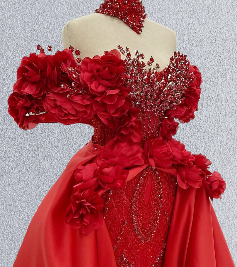 Charming A-Line Off-Shoulder Red Evening Dress Handmade Flowers Beading Sequins Prom Dress AP6276