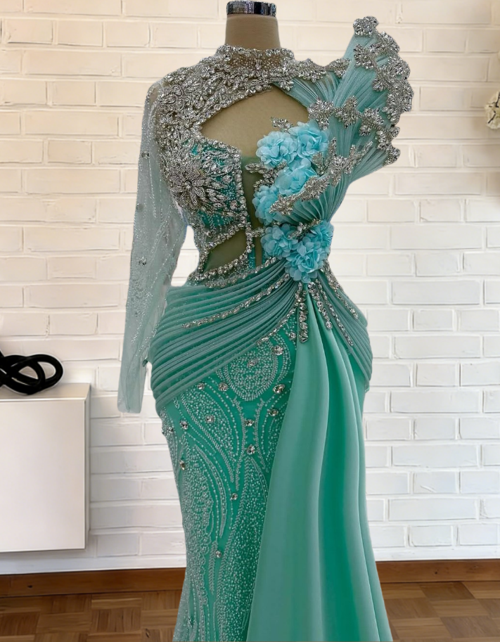 Dopamine Style High Collar Cutout 3D Appliques Mermaid Evening Dress Long Sleeve Beading Rhinestones Prom Dress AP6277