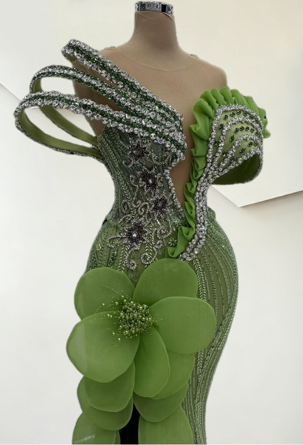 Sparkly Illusion Neck Beading Mermaid Evening Dresses Handmade Flowers Crystals Prom Dress AP6278