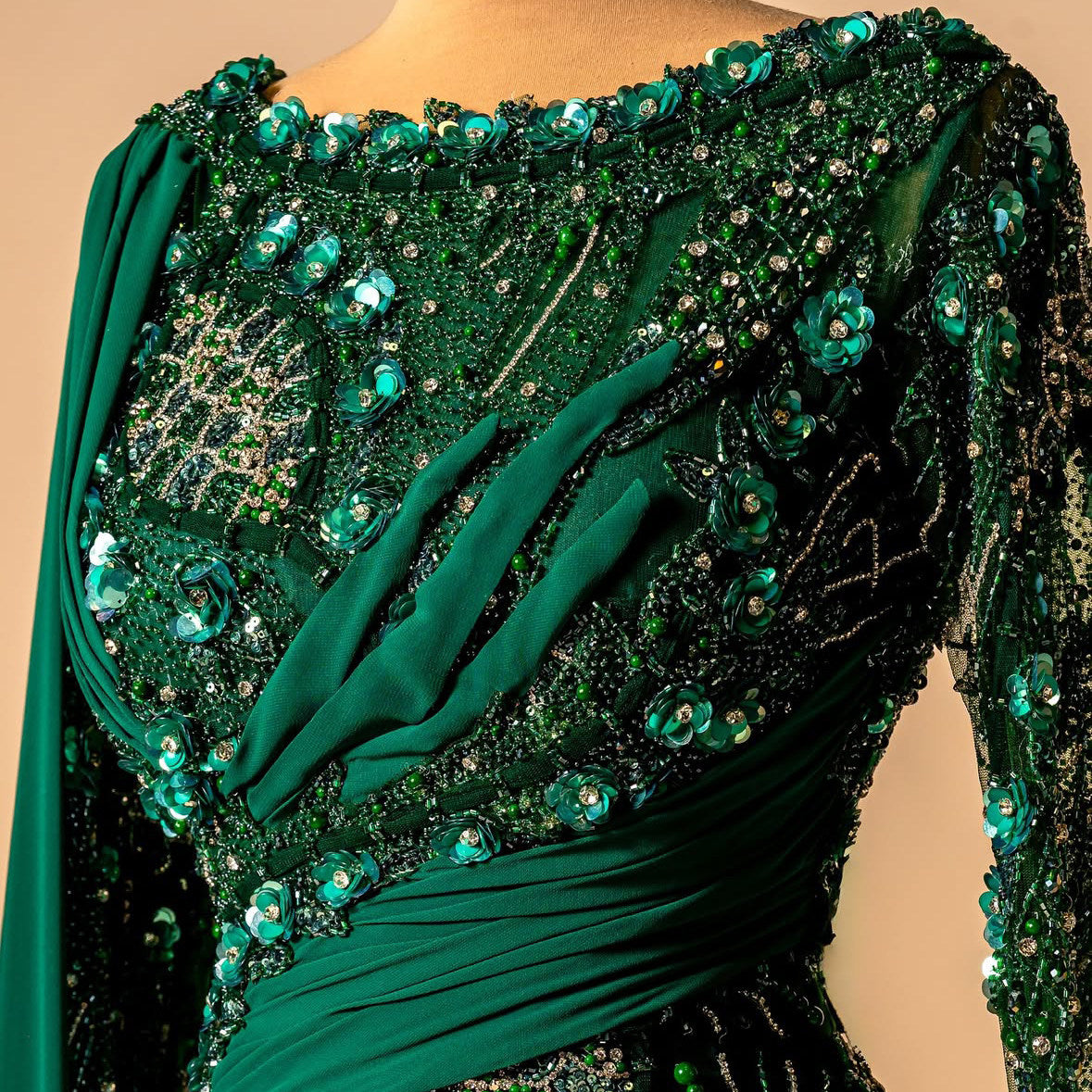 Bling Jewel Neck Green Mermaid Evening Dresses With Sash Sequins Beading Long Sleeve Prom Dress AP6279