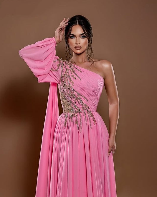 Gen Z Style A-Line Asymmetric Neck Sweet 16th Dresses Long Sleeve Sequins Prom Dress AP6295