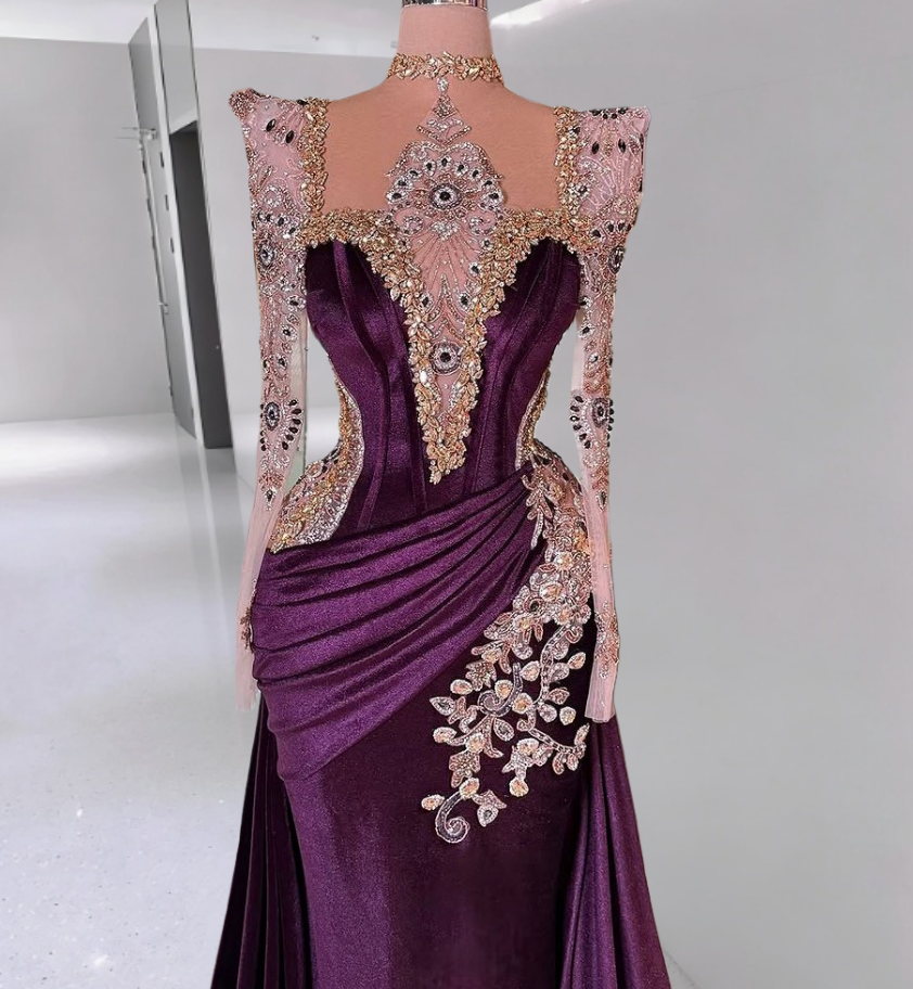 New Tendency Sheath Illusion Neck Beading Evening Gowns Long Sleeve Crystals Prom Dress AP6299
