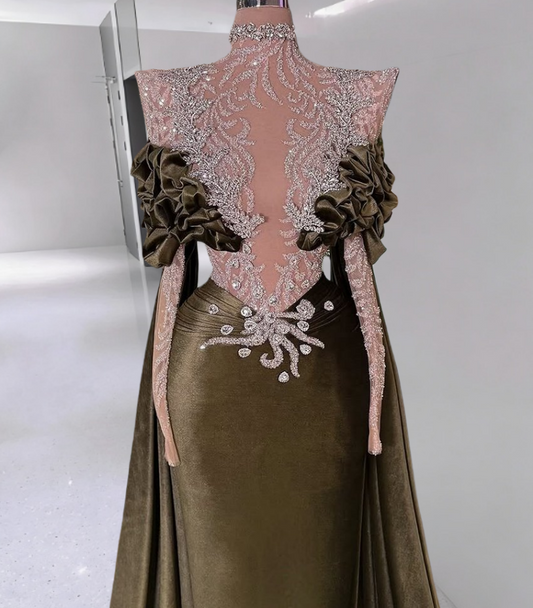 Fairy Sheath Illusion Neck Long Sleeve Evening Gowns Sequins Crystals Prom Dress AP6301