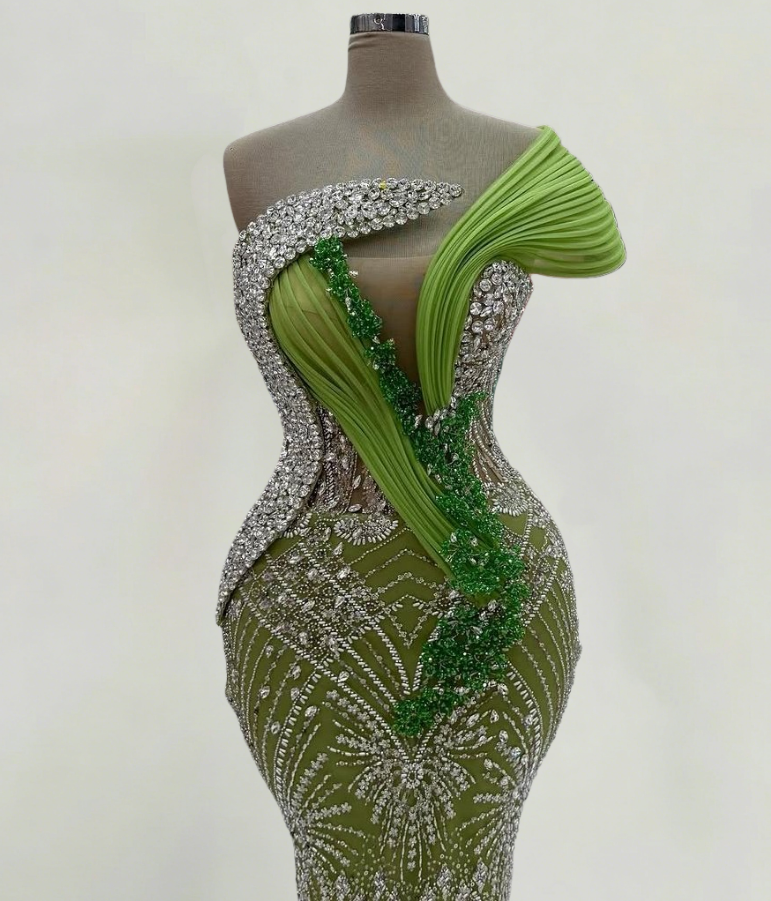 Lovely One Shoulder Crystals Mermaid Evening Dresses Sequins Beading Prom Dress AP6303