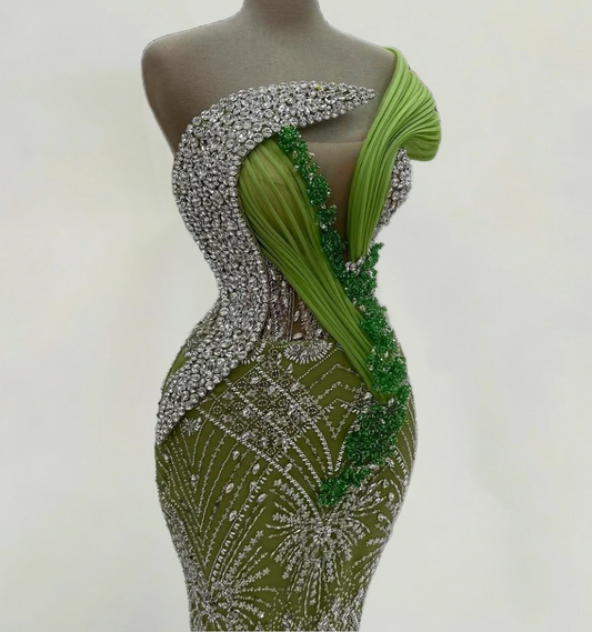 Lovely One Shoulder Crystals Mermaid Evening Dresses Sequins Beading Prom Dress AP6303