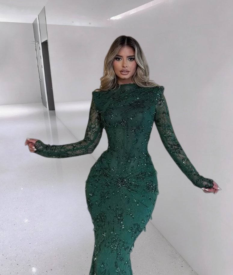 Splendid Long Sleeve Jewel Neck Mermaid Evening Dresses Green Sequins Prom Dress AP6313