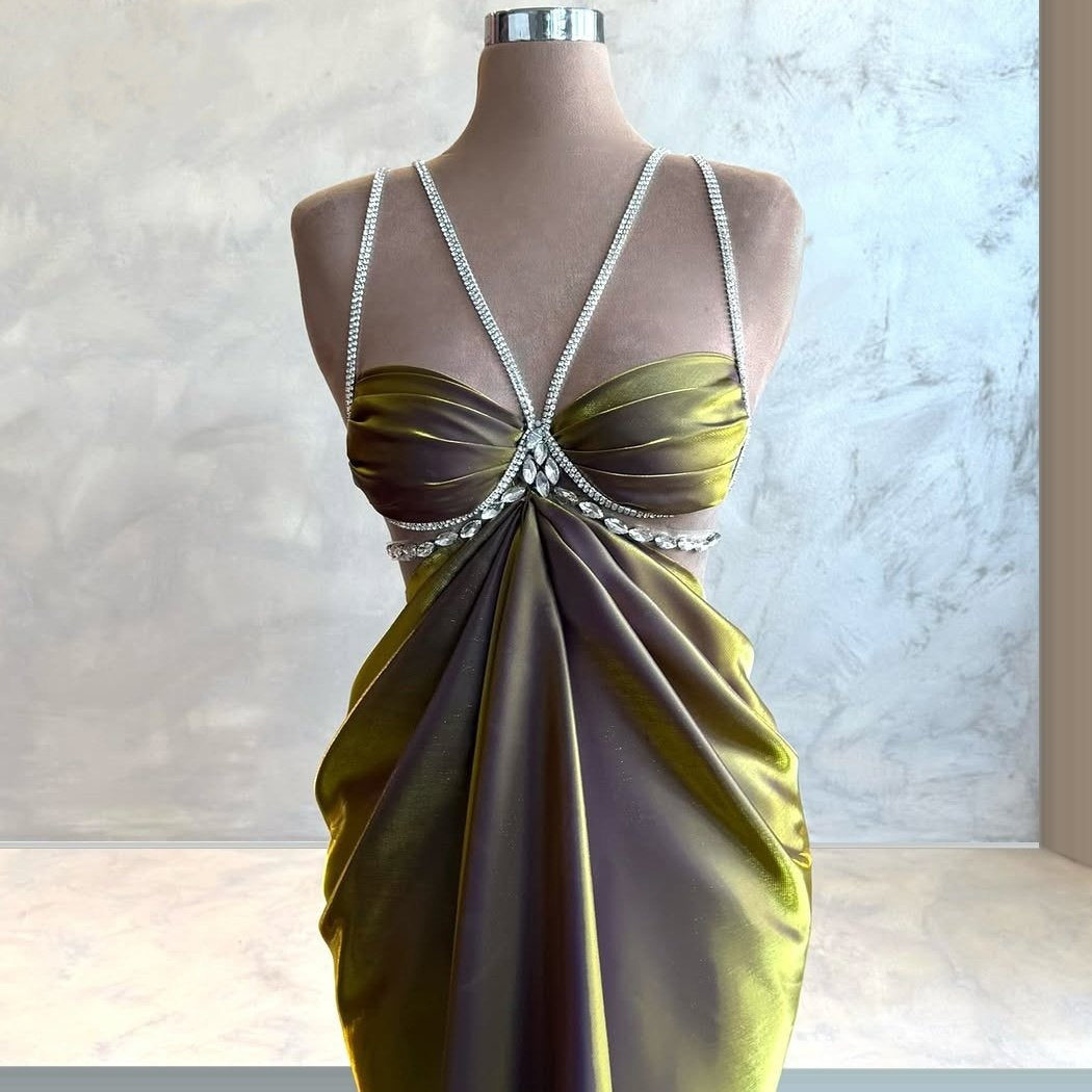 Avant-Garde Beading Spaghetti Straps Long Evening Dresses Crystals Mermaid Prom Dress AP6316