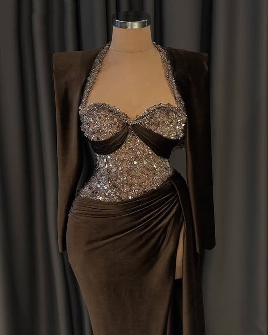 Fabulous Sweetheart Neck Sheath High-Slit Evening Dress Sequins Long Sleeve Prom Dress AP6325