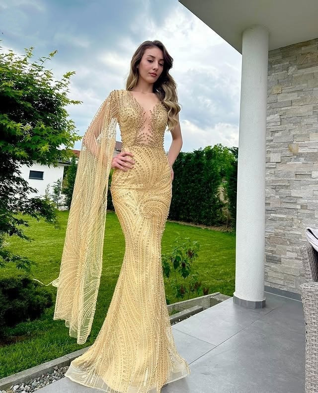 Elegant V Neck Yellow Sash Sweet 16th Mermaid Dresses Beading Sequins Prom Dress AP6330