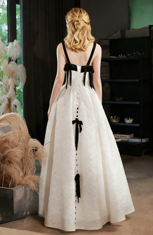 Alluring Spaghetti Strap A-Line Evening Gowns Bows Color-Blocked Prom Dress AP6337
