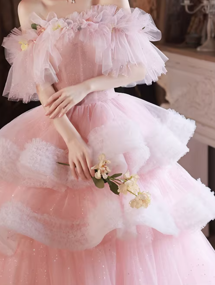 Ethereal Floral Off-Shoulder Tiered A-Line Sweet 16th Gowns Ruffled Tulle Sequins Prom Dress AP6338