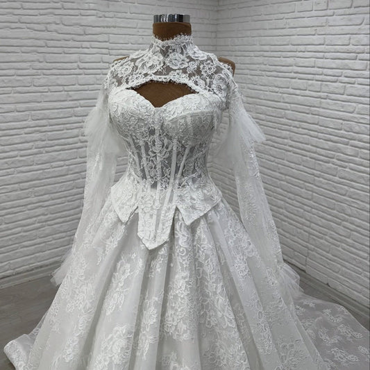 Glamorous High Collar A-Line Bridal Gowns Long Sleeve Lace Tulle Wedding Dress AP6342