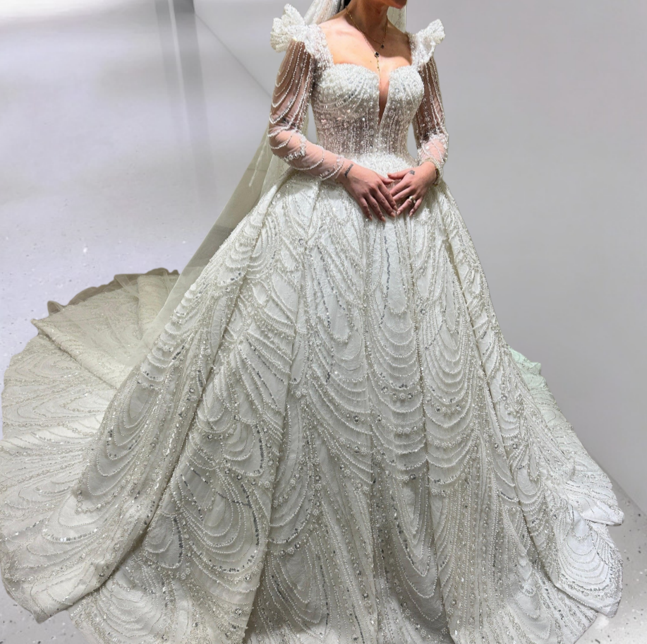 Stunning Square Neck A-Line Bridal Gowns Beading Sequins Long Sleeve Wedding Dress AP6344