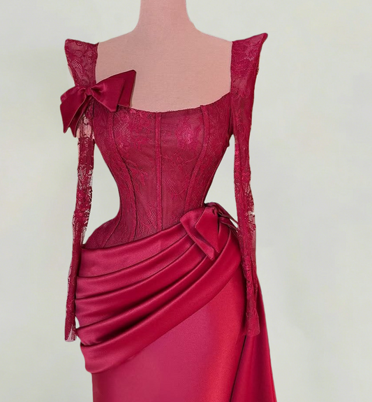 French Style Square Neck Sheath Red Evening Dress Lace Long Sleeve Bows Satin Prom Dress AP6349