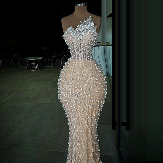 Sparkly Strapless Mermaid Evening Dresses Pearls Crystals Prom Dress AP6352