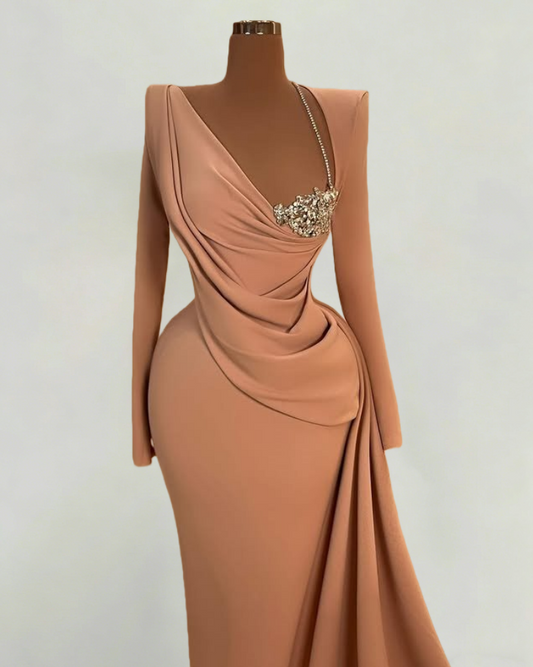Pretty Asymmetric Neck Sheath Evening Dress Long Sleeve Rhinestones Prom Dress AP6365