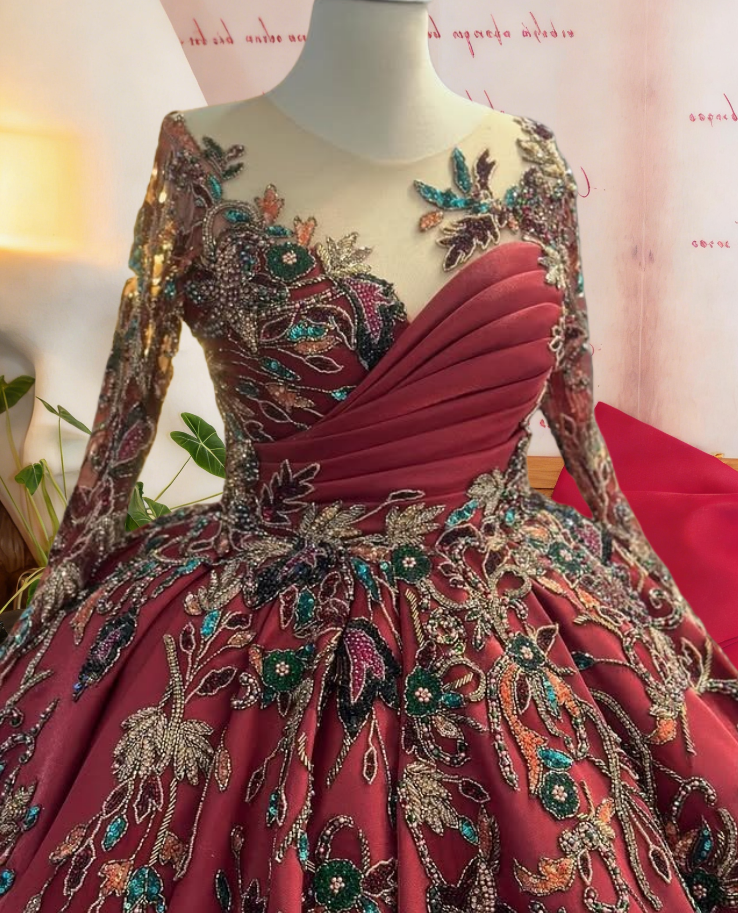 Maximalism Illusion Neck A-Line Long Sleeve Sweet 16th Dresses Sequins Appliques Prom Dress AP6367
