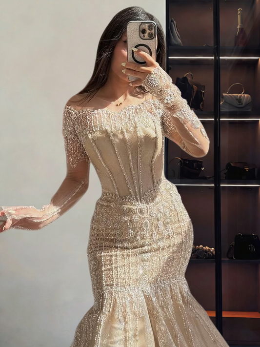 Delicate Illusion Neck Long Sleeve Evening Mermaid Dress Sequins Beading Prom Dress AP6369