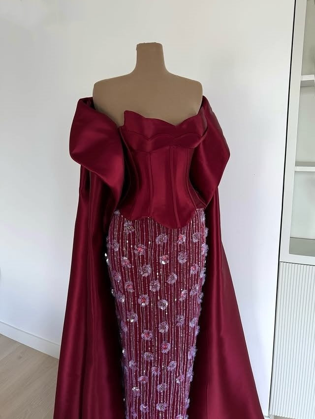 Y2K Style Sheath Strapless Satin Shawl Evening Dresses Sequins Appliques Prom Dress AP6374