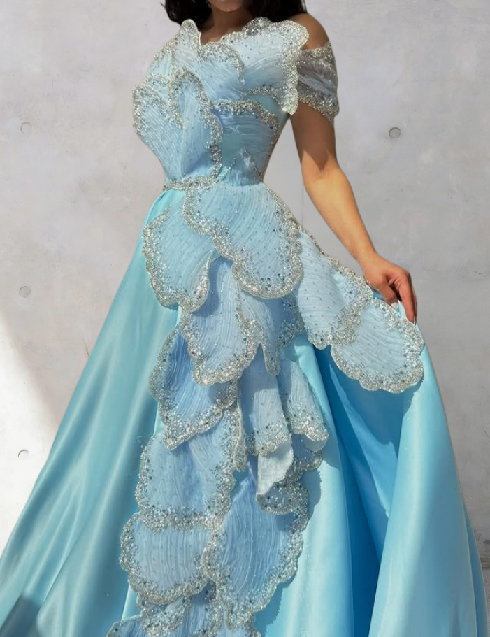 New Tendency Off-Shoulder A-Line Sweet 16th Dresses Sequins Petals Prom Dress AP6376