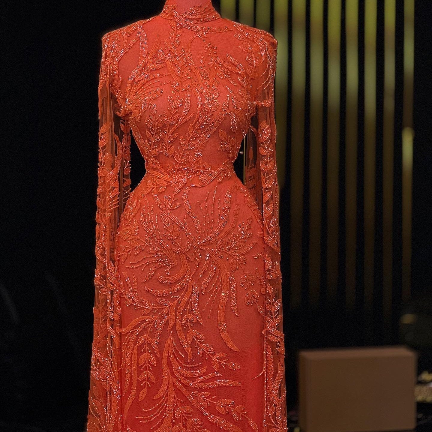 Beautiful Long Sleeve High Collar Evening Dress Beads Sheath Prom Dress AP6381
