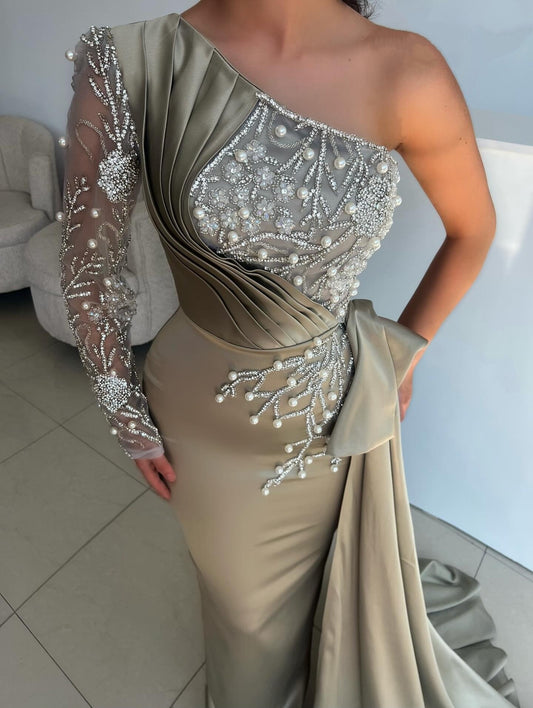 Appealing One Shoulder Sheath Evening Dress Sequins Beads Long Sleeve Prom Dress AP6386