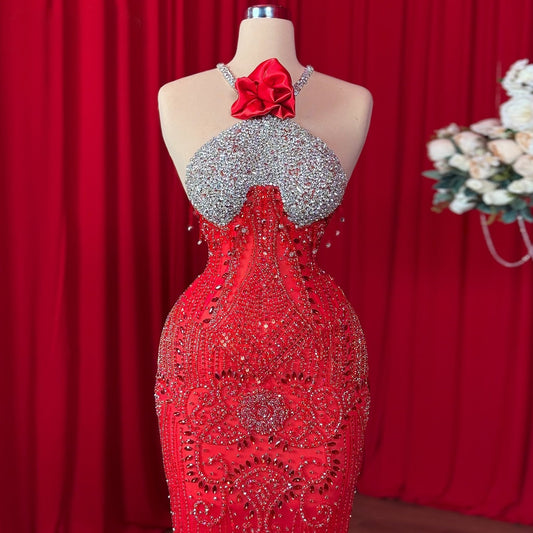 Sleek Sheath Sequins Crystals Evening Gowns Halter Neck Beading Prom Dress AP6394