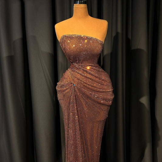 Dainty Sheath Strapless Gathered Evening Dresses Sequins Prom Dress AP6395