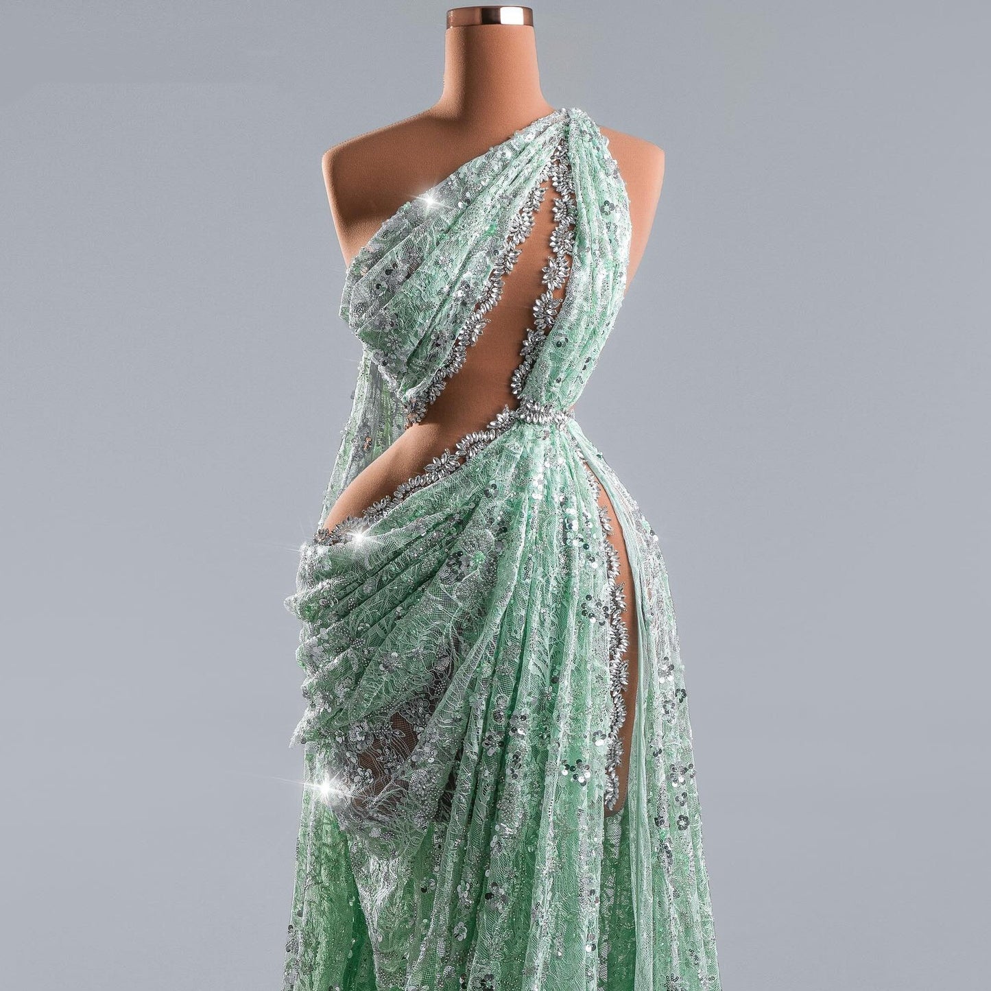 Ornate One Shoulder Cutout Crystals Evening Dress Lace Sequins Sheath High Slit Prom Dress AP6398