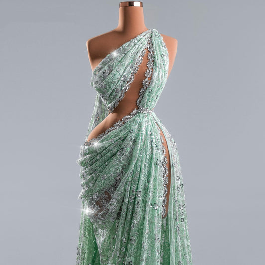 Ornate One Shoulder Cutout Crystals Evening Dress Lace Sequins Sheath High Slit Prom Dress AP6398