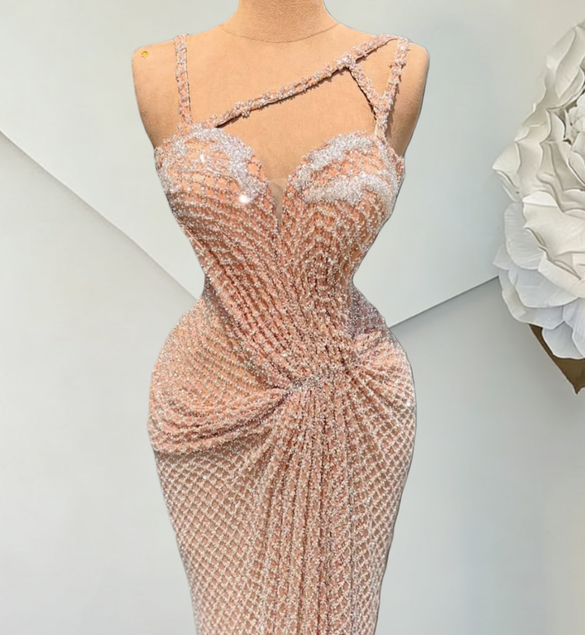 Classical Sheath Spaghetti Strap Evening Dress Beading Gathered Prom Dress AP6405