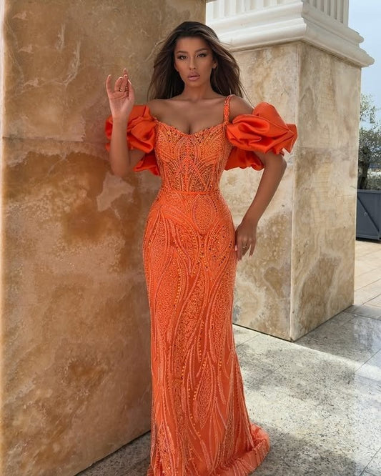 Vintage Off-Shoulder Sheath Evening Dresses Sequins Orange Prom Dress AP6409