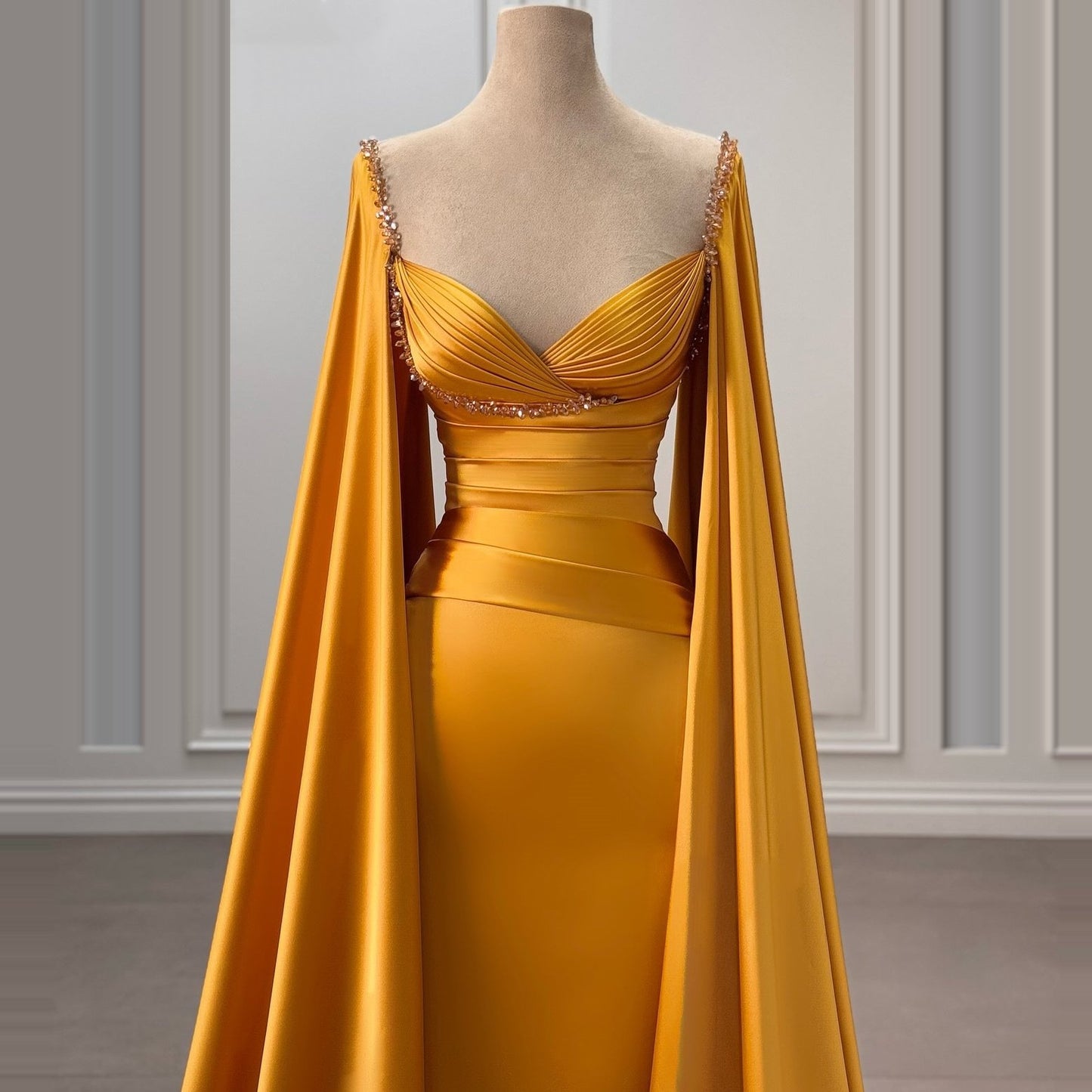 Glamorous Sweetheart Neck Long Sleeve Beading Evening Dress Sheath Pleated Satin Prom Dress AP6416