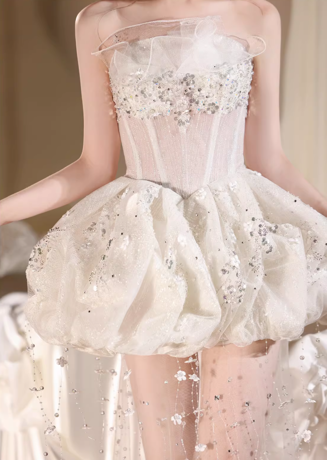 Dramatic A-Line Strapless Birthday Dresses Sequins Splicing Tulle Homecoming Dress AP6417