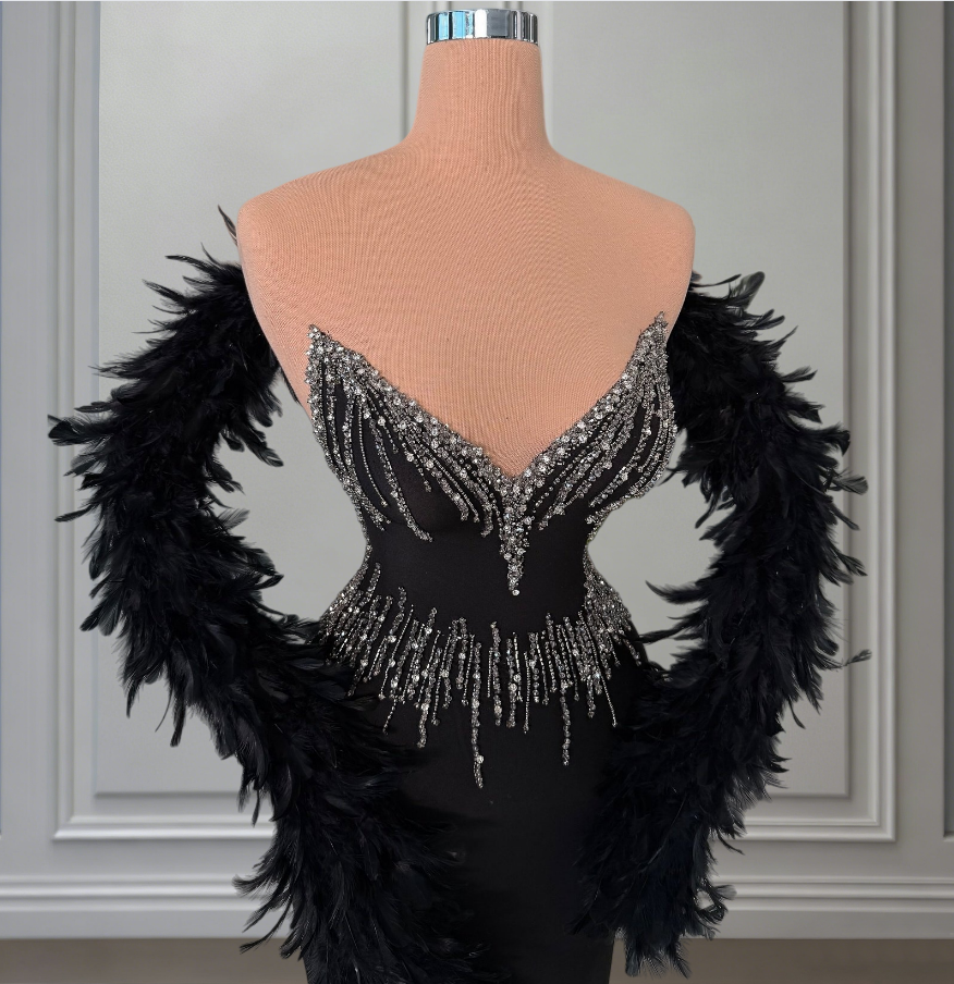 Simple Strapless Sheath Evening Dresses Black Beading Prom Dress AP6424