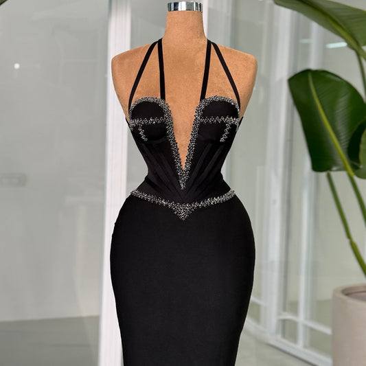 Charming Halter Neck Mermaid Evening Dresses Beading Black Prom Dress AP6426
