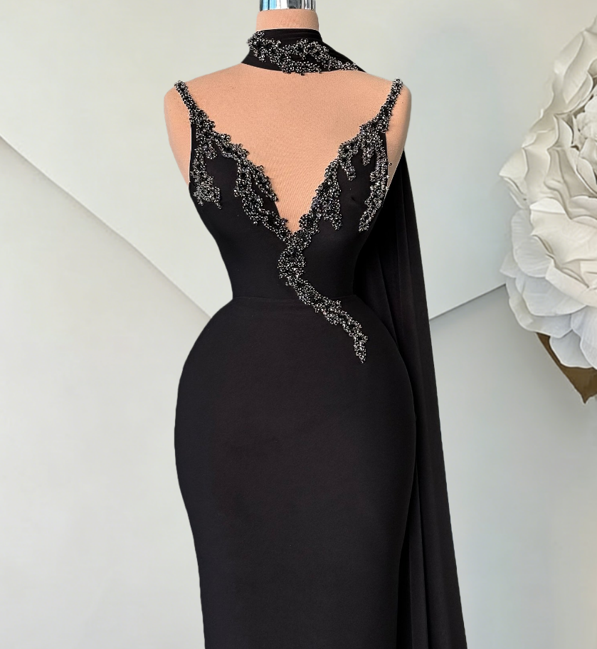 Sparkly Sheath Spaghetti Strap Evening Dress Beading Black Prom Dress AP6427