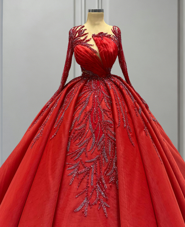 Adorable Illusion Neck Red A-Line Long Sleeve Sweet 16th Dresses Beads Sequins Prom Dress AP6428