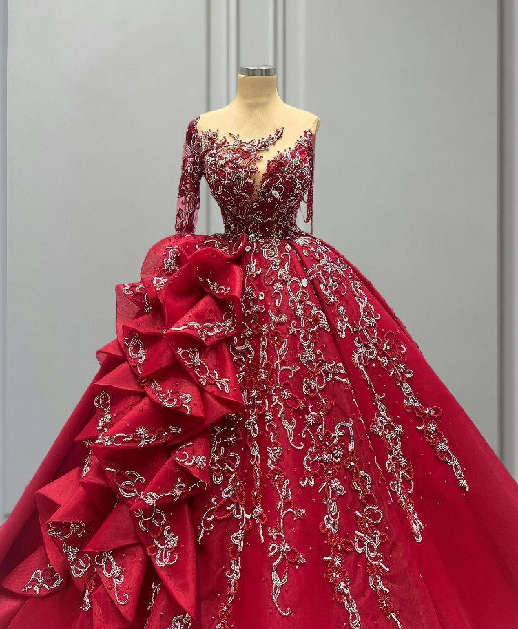 Playful One Shoulder Red A-Line Long Sleeve Sweet 16th Dresses Ruffles Appliques Beads Prom Dress AP6429