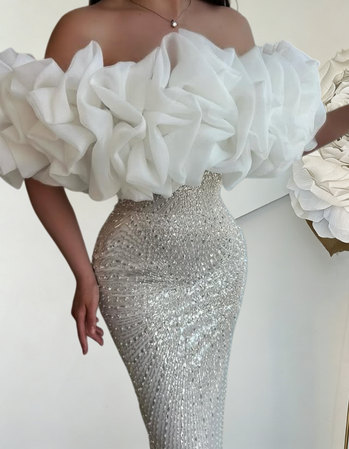 Bling Off-Shoulder Sheath Evening Dresses Sequins Ruffles White Prom Dress AP6430