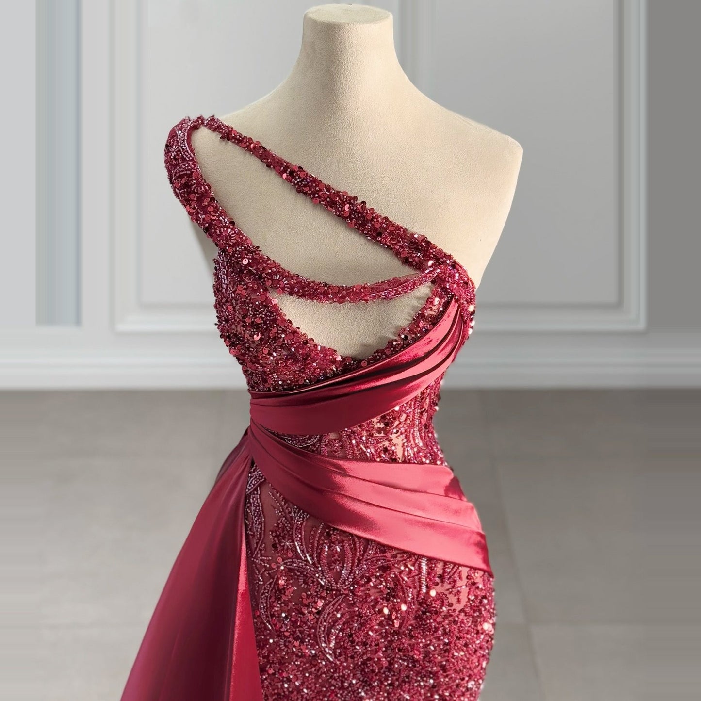 Trendy One Shoulder Cutout Mermaid Evening Dresses Sequins Beading Red Prom Dress AP6435