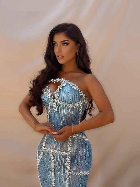 Attractive Strapless Cutout Sheath Evening Dresses Sequins Crystals Prom Dress AP6436