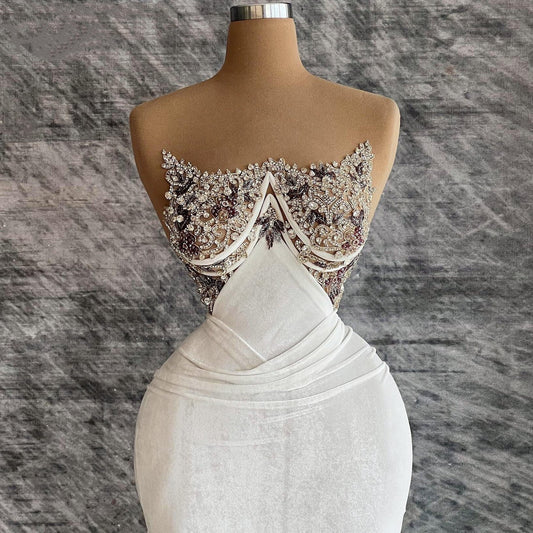 Sexy Strapless Sheath Evening Dresses Beading White Prom Dress AP6437